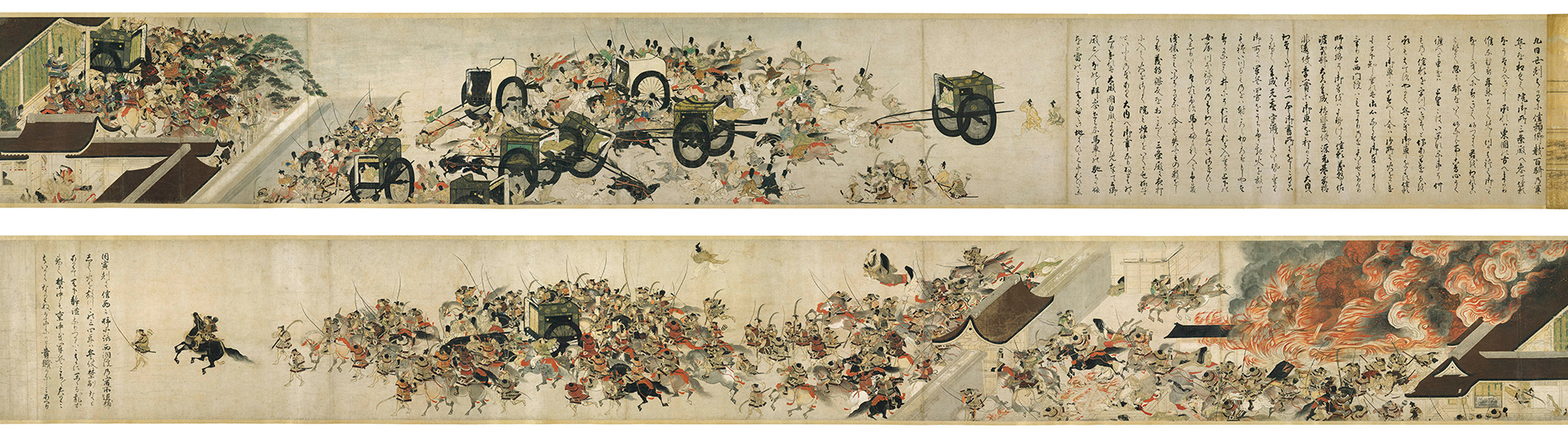 Night Attack on the Sanjô Palace fully unrolled (right side above, left side below), Illustrated Scrolls of the Events of the Heiji Era (Heiji monogatari emaki) Japanese, Kamakura period, second half of the 13th century, 45.9 x 774.5 x 7.6 cm (Museum of Fine Arts, Boston)