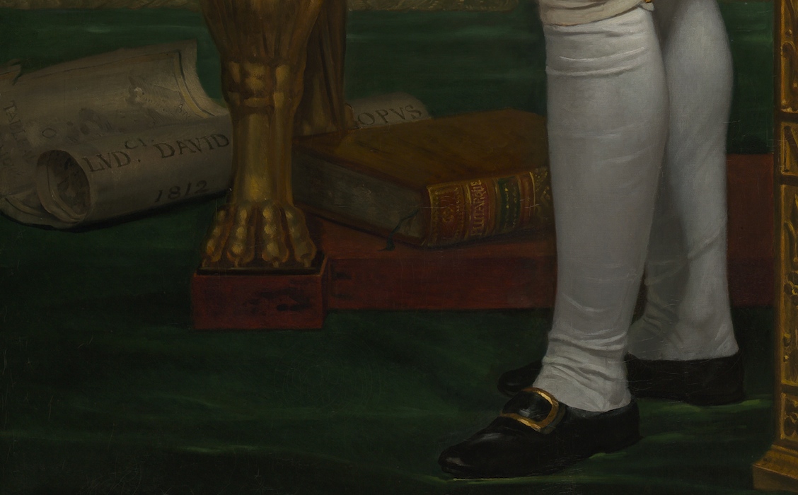Signature and book by Plutarch (detail), Jacques-Louis David, The Emperor Napoleon in his Study at the Tuileries, 1812, oil on canvas, 203.9 x 125.1 cm (National Gallery of Art)