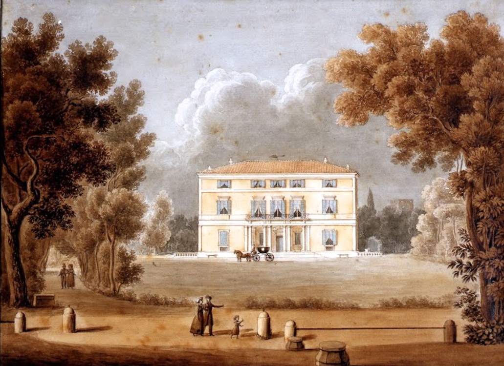 This villa belonged to Paolina Bonaparte, sister of Napoleon, though it dates to the 17th century. Giovanni Riveruzzi, View of the Casino and the park of Villa Paolina from the side of Porta Pia, 1828, watercolor on paper (Museo Napoleonic)