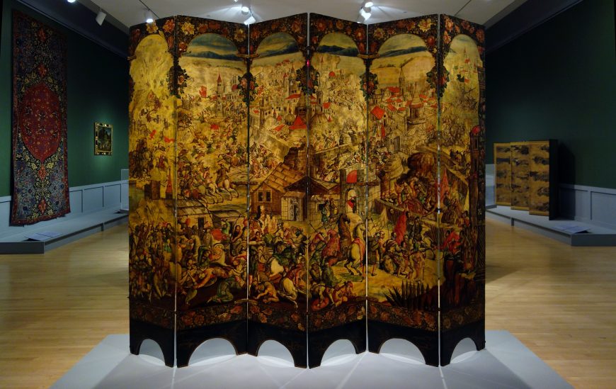 Folding Screen (biombo) with the Siege of Belgrade (front) and Hunting Scene (reverse), c. 1697-1701, Mexico, oil on wood, inlaid with mother-of-pearl, 229.9 x 275.8 cm (Brooklyn Museum)