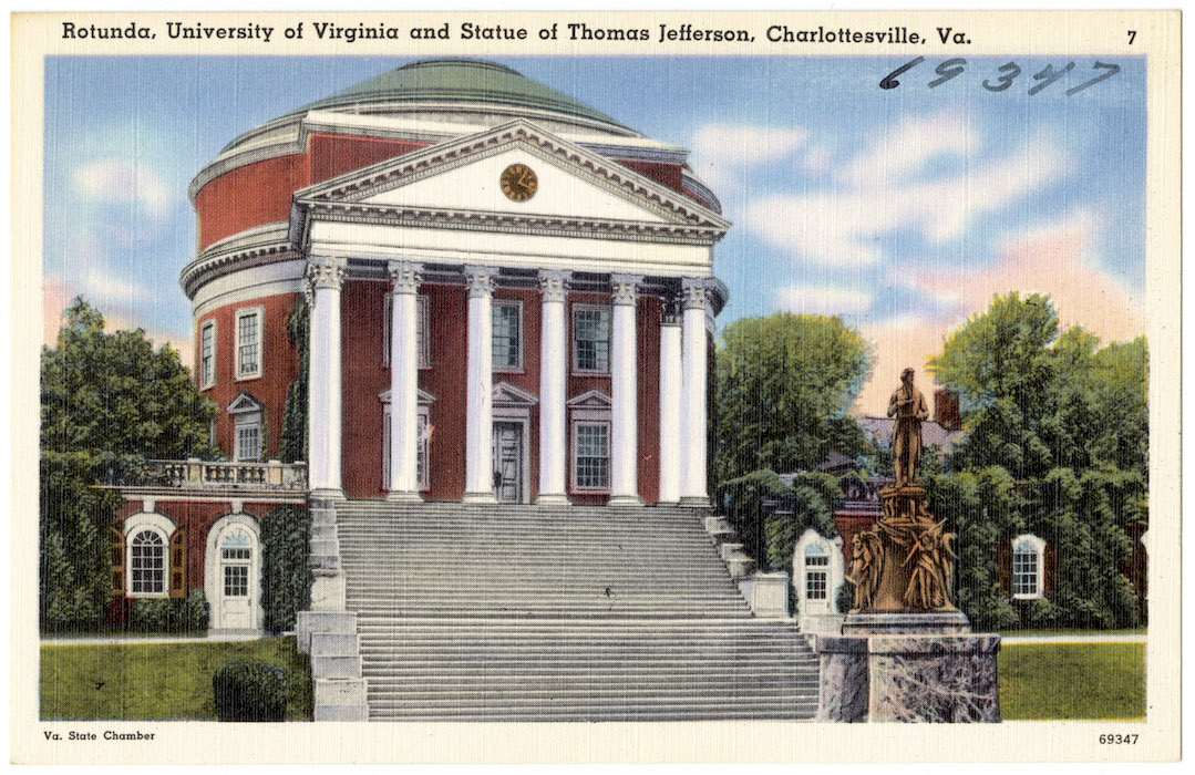 Rotunda, 1817-26, University of Virginia and Statue of Thomas Jefferson, Charlottesville, Virginia (postcard c. 1930-45) (Boston Public Library,  CC BY 2.0)