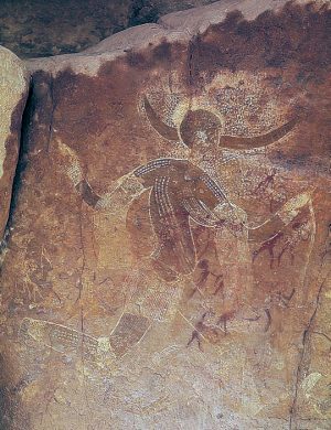 Running Horned Woman, 6,000–4,000 B.C.E., pigment on rock, Tassili n’Ajjer, Algeria