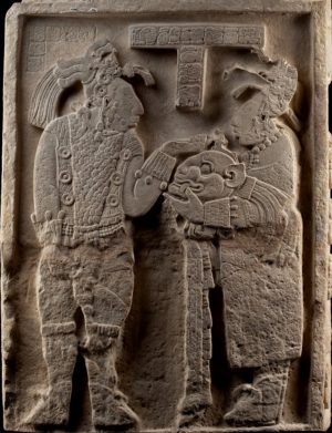 Lintel 26, Structure 23 represents Lady Xook helping to dress her husband for battle (Museo Nacional de Antropologia, Mexico)