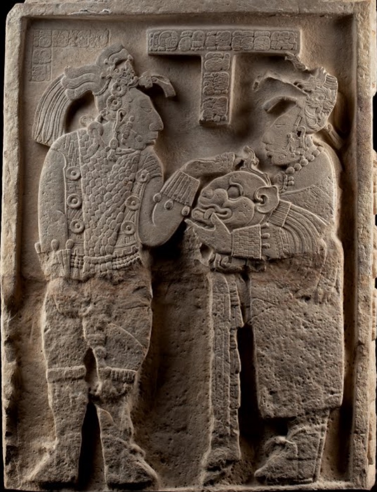 Lintel 26, Structure 23, Yaxchilán (Maya) represents Lady Xook helping to dress her husband for battle (Museo Nacional de Antropologia, Mexico) (view a diagram of this relief and locate this relief on a map)