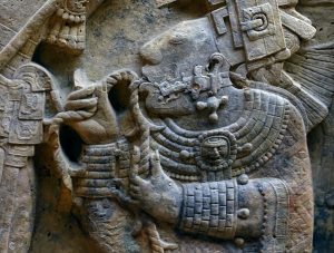 Lady Xook pulls a thorned cord through her tongue (detail), Lintel 24, Structure 23, Yaxchilán (Maya) (© Trustees of the British Museum; photo: Steven Zucker, CC BY-NC-SA 2.0)