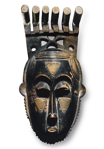 Owie Kimou, Portrait Mask (<em>Mblo</em>) of Moya Yanso, Baule peoples (Côte d'Ivoire), early 20th century C.E., wood, brass, pigment, 36.2 cm high (private collection)