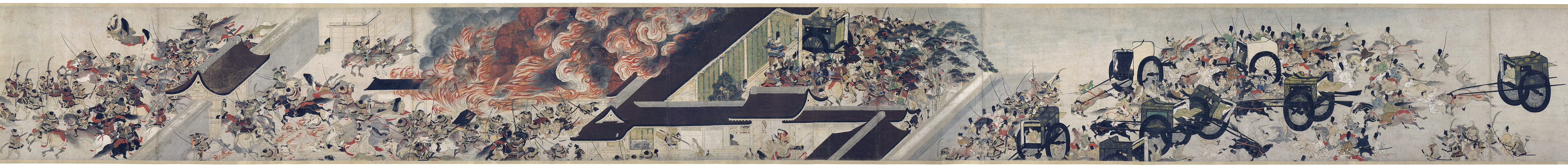 Palace (detail), Night Attack on the Sanjô Palace, Illustrated Scrolls of the Events of the Heiji Era (Heiji monogatari emaki) Japanese, Kamakura period, second half of the 13th century, 45.9 x 774.5 x 7.6 cm (Museum of Fine Arts, Boston)