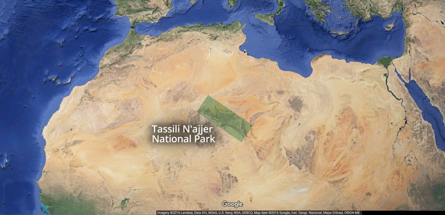Map of Tassili n’Ajjer is a Tamahaq name meaning “plateau” of the Ajjer people (the Kel Ajjer is group of tribes whose traditional territory was here). Much of the 1,500-­2,100 meter ­high plateau is protected by an 80,000 square kilometer National Park. Africa
