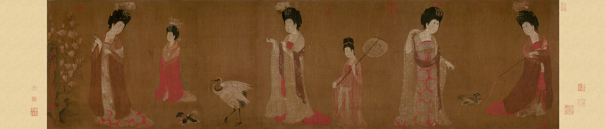 Attributed to Zhou Fang, <em>Ladies Wearing Flowers in Their Hair</em>, c. late 8th–early 9th century, handscroll, ink and color on silk, 46 x 180 cm (Liaoning Provincial Museum, Shenyang province, China)