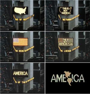 Alfredo Jaar, A Logo for America, as installed in 1987 (reprised 2014) Digital animation commissioned by The Public Art Fund, Times Square, New York, April 1987 (Solomon R. Guggenheim Museum, New York Gift of the artist on the occasion of the Guggenheim UBS MAP Global Art Initiative, 2014) © Alfredo Jaar