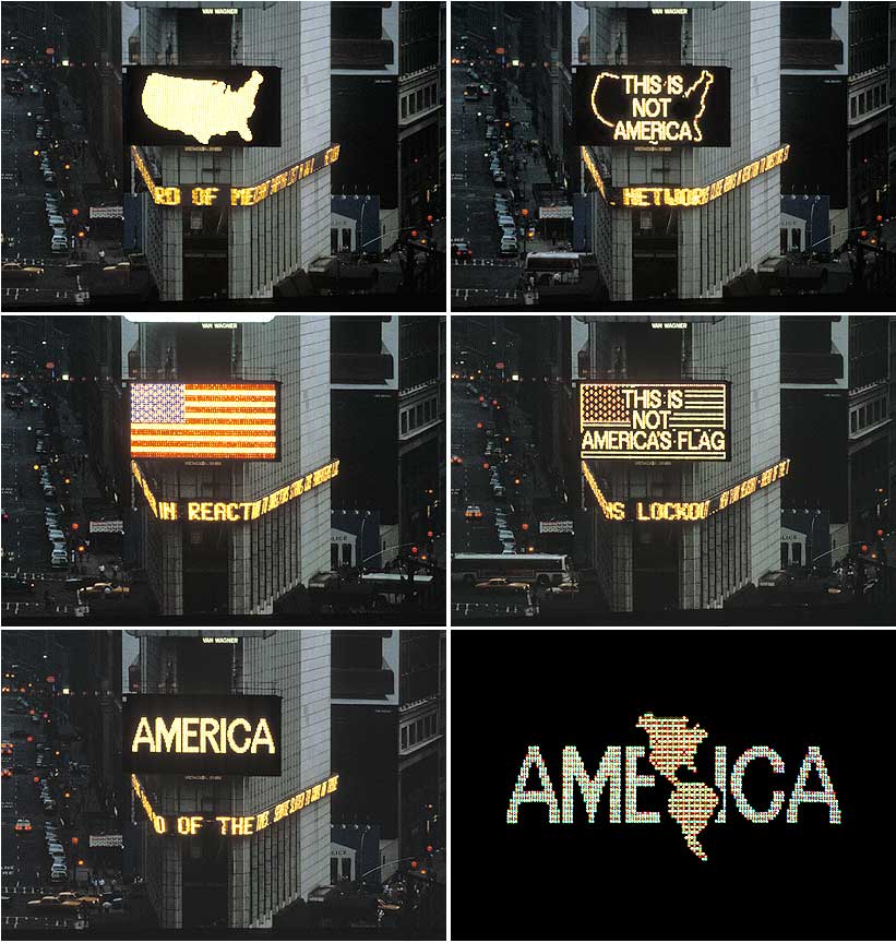 Alfredo Jaar, A Logo for America, as installed in 1987 (reprised 2014) Public intervention Digital animation commissioned by The Public Art Fund, Times Square, New York, April 1987 © Alfredo Jaar