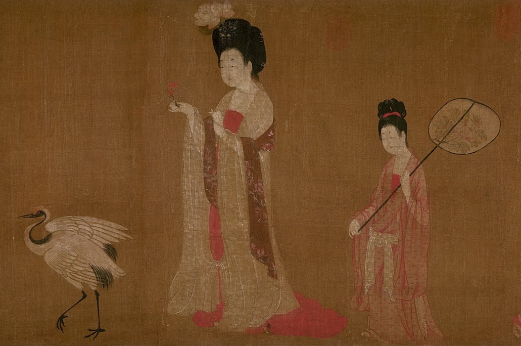 Court lady and her maidservant (detail), attributed to Zhou Fang (active late 8th–early 9th century), Ladies Wearing Flowers in Their Hair, handscroll, ink and color on silk, 46 x 180 cm (Liaoning Provincial Museum, Shenyang province, China)