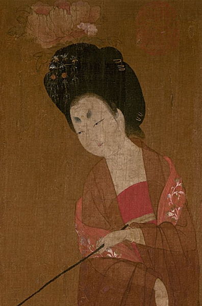 Court lady (detail), attributed to Zhou Fang (active late 8th–early 9th century), <em>Ladies Wearing Flowers in Their Hair</em>, handscroll, ink and color on silk, 46 x 180 cm, Liaoning Provincial Museum, Shenyang province, China