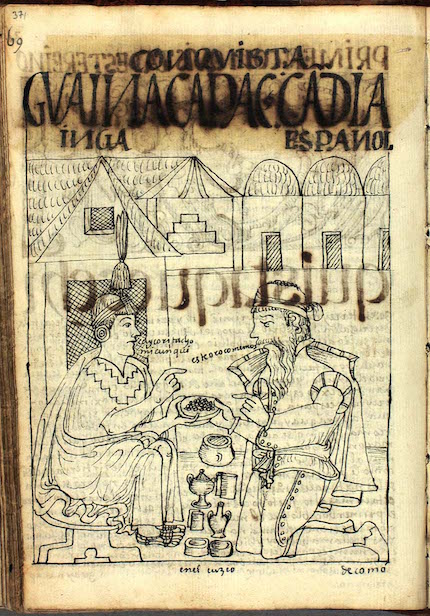 The Inka asks what the Spaniard eats. The Spaniard replies: "Gold," from Felipe Guaman Poma de Ayala, The First New Chronicle and Good Government (or El primer nueva corónica y buen gobierno, c. 1615 (image from The Royal Danish Library, Copenhagen)