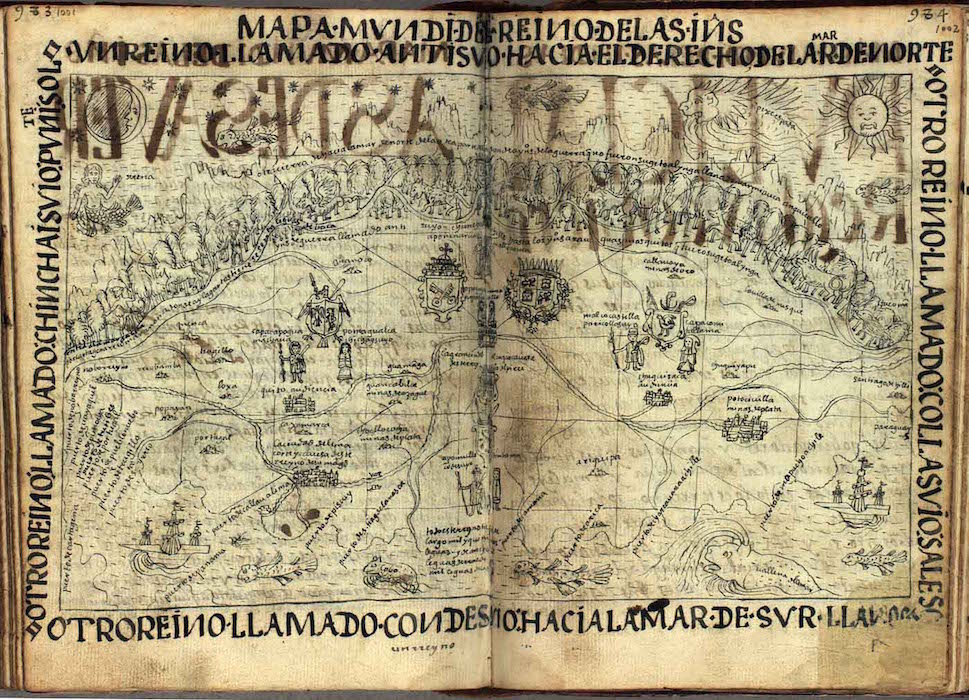 Mapa Mundi of the Indies of Peru, showing the quatripartite division of the Inka empire of Tawantinsuyu, from Felipe Guaman Poma de Ayala, The First New Chronicle and Good Government (or El primer nueva corónica y buen gobierno, c. 1615, p. 86 (image from The Royal Danish Library, Copenhagen)