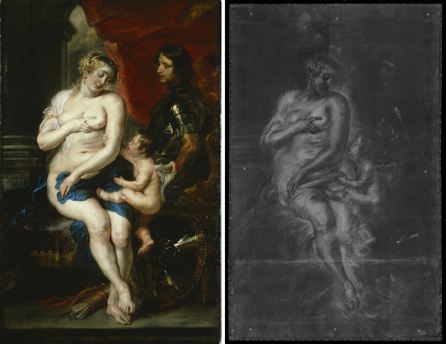 Left: Peter Paul Rubens, Venus, Mars and Cupid, c. 1630–35, oil on canvas, 195.2 x 133 cm; right: X-ray of same painting. (Dulwich Picture Gallery, London)