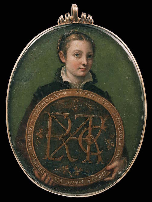 Sofonisba Anguissola, <em>Self-Portrait</em>, c. 1556, varnished watercolor on parchment, 8.3 x 6.4 cm (Museum of Fine Arts, Boston). The medallion is inscribed in Latin: “The maiden Sofonisba Anguissola, depicted by her own hand, from a mirror, at Cremona.”