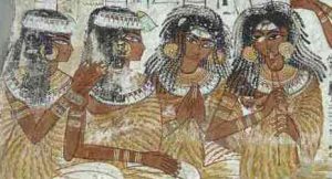 The four musicians and singers with their song written above them (detail), Banquet Scene, Tomb Chapel of Nebanum, c. 1350 B.C.E., 18th Dynasty, paint on plaster, whole fragment: 88 x 119 x 22 cm, Thebes © Trustees of the British Museum