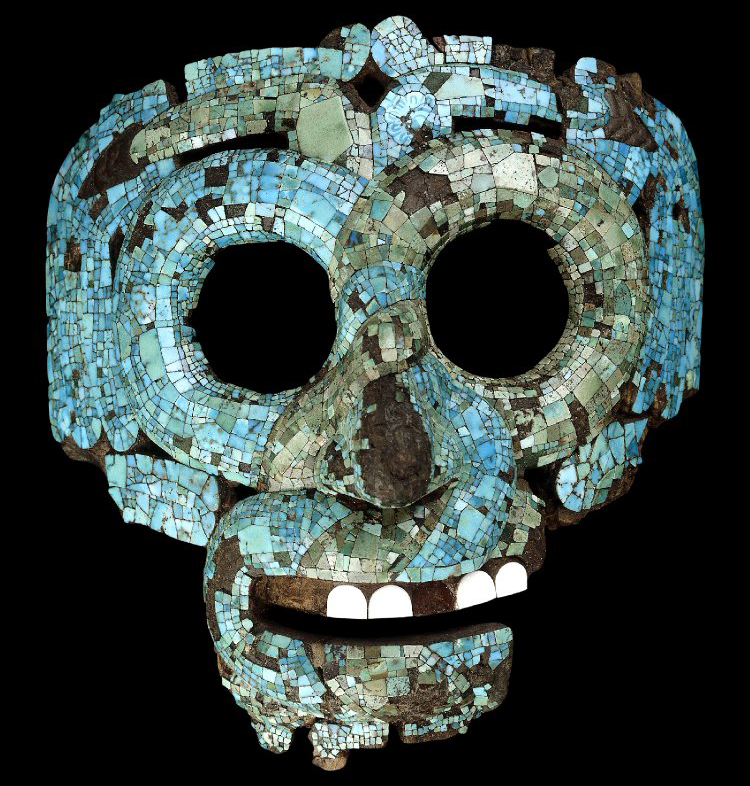 Mosaic serpent mask of Quetzalcoatl/Tlaloc, 15th-16th century C.E., Mexica/Mixtec, cedrela wood, turquoise, pine resin, gold, conch shell, beeswax, 18.2 x 16.5 x 12.5 cm, Mexico © Trustees of the British Museum