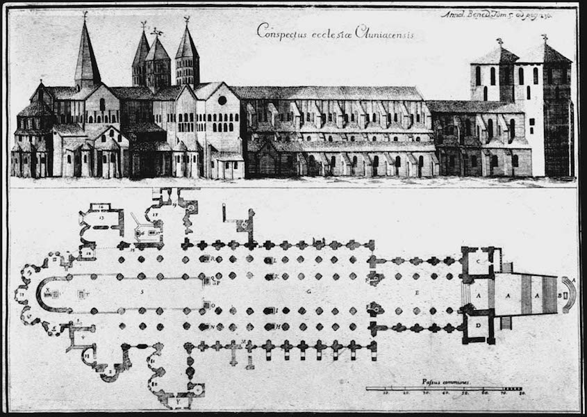 Plan and elevation of the church of the abbey of Cluny III (Burgundy, France) from an engraving of 1754