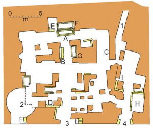 Map of the scipio's tumb in Rome, via Appia. 1 is the old entrance, 2 is a "calcinara", 3 is the amin entrance, 4 is the entrance to the new room. Letters from A to I are the sarcophagi with incriptions