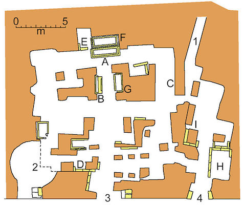 Plan of the Tomb of the Scipios in Rome. 1) the old entrance; 2) a "calcinara," mediaeval lime kiln; 3) the main entrance; 4) entrance to the new room. The letters from A to I are the sarcophagi or loculi with inscriptions. The tomb is now empty except for facsimiles; the remains were discarded or reinterred, while the sarcophagi fragments ultimately went to the Vatican. The plan is based on a plan by Filippo Coarelli.[ Coarelli, Il Sepolcro degli Scipioni a Roma. Itinerari d'arte e di cultura (Rome: Fratelli Palombi, 1988). p. 13.