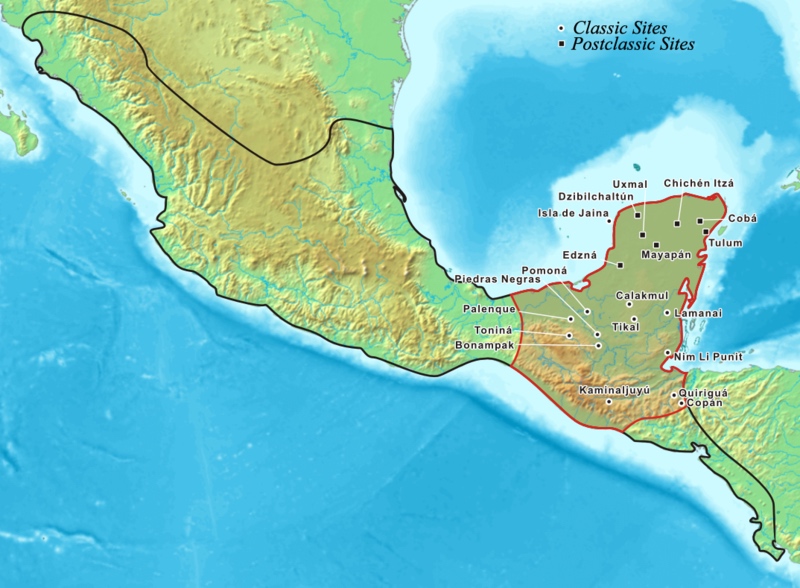 Map showing the extent of the Maya civilization (red), compared to all other Mesoamerica cultures (black)