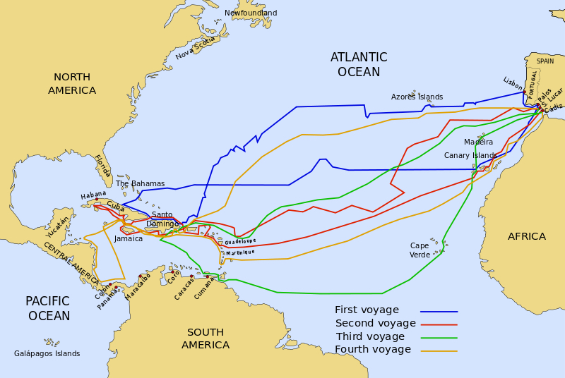 The routes of the four Voyages of Christopher Columbus, 1492-1504 to the Caribbean Islands and the coast of Central America.