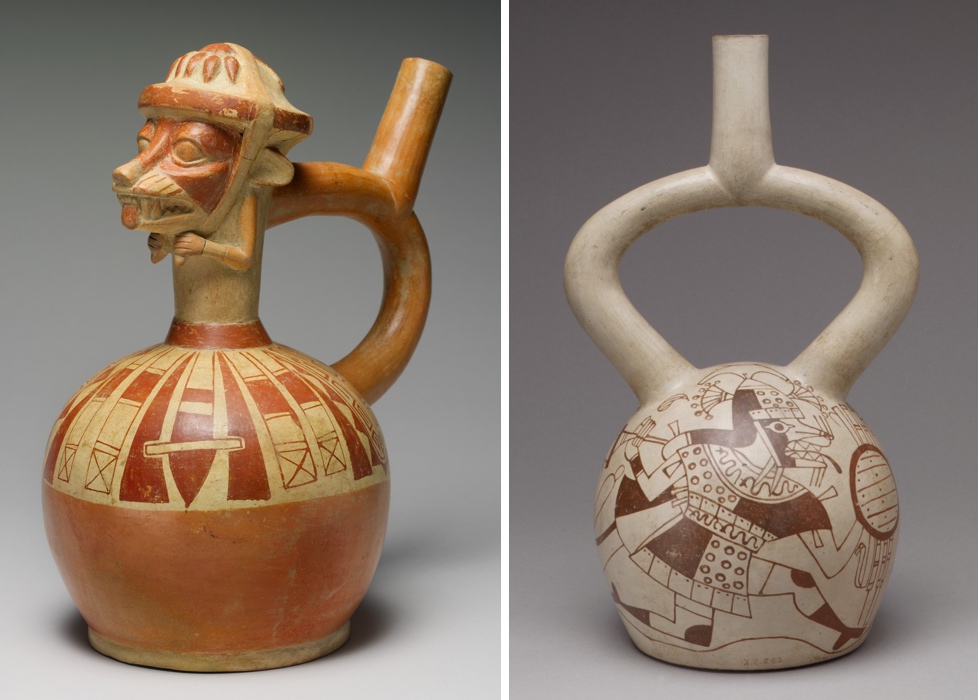 Left: Fox Warrior Bottle, c. 4th - 6th century C.E., Moche, Peru, ceramic, 26.7 cm and right: Fox Warrior Bottle, 7th-8th century C.E., Moche. Peru, ceramic, 29.46 cm (The Metropolitan Museum of Art)