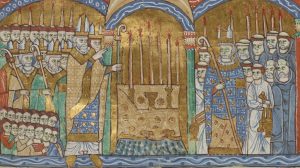 The consecration of the main altar of Cluny abbey by Pope Urban II in 1095, in the presence of abbot St Hugh, from the Miscellanea secundum usum Ordinis Cluniacensis, late 12th - early 13th century, folio 91r (Illuminate Manuscript no. 17716, Bibliotheque National de France, Paris)