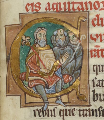 William of Aquitaine addressing two monks of Cluny, historiated initial, from the Miscellanea secundum usum Ordinis Cluniacensis, late 12th - early 13th century, folio 85r (Illuminate Manuscript no. 17716, Bibliotheque National de France, Paris)