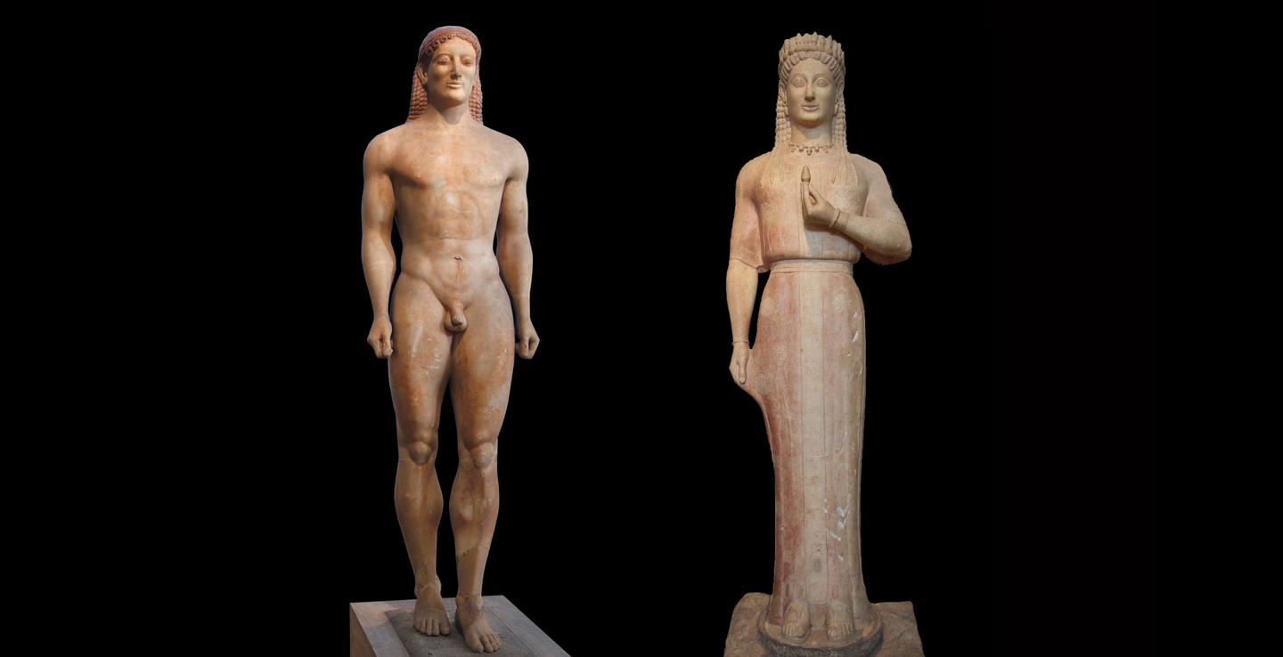 Left: Anavysos (Kroisos) Kouros, c. 530 B.C.E., marble, 6' 4" (Na...
