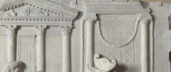 Architecture (detail), Preparations for a Sacrifice, fragment from an architectural relief, c. mid-first century C.E., marble, 172 x 211 cm / 67¾ x 83⅛ inches (Musée du Louvre, Paris)