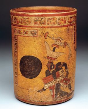 Cylindrical vessel with ball game scene, c. 682-701 C.E., Late Classic, Maya, ceramic, 20.48 cm high (Dallas Museum of Art)