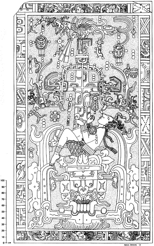 Drawing of the carving on the lid of Pakal’s Tomb, Palenque, Mexico, 5th-8th century CE, Museo Nacional de Antropologia, Mexico City (as drawn by Merle Greene Robertson)
