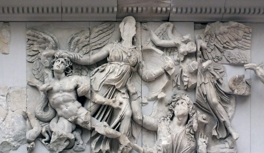 Athena defeats Alkyoneus (detail), The Pergamon Altar, c. 200-150 B.C.E. (Hellenistic Period), 35.64 x 33.4 meters, marble (Pergamon Museum, Berlin)