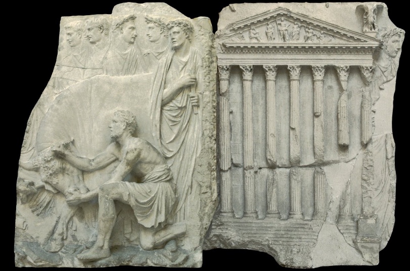 Ara Pietatis, cast of the Della Valle - Medici slab, detail with scene of sacrifice before the temple of Mars Ultor, 43 C.E., marble, 3 feet, 9 inches high (original in the Villa Medici, Rome)