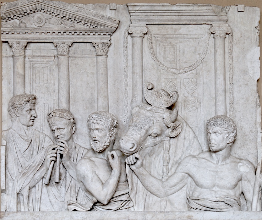 <em>Preparations for a Sacrifice</em>, fragment from an architectural relief, c. mid-first century C.E., marble, 172 x 211 cm / 67¾ x 83⅛ inches (Musée du Louvre, Paris)  [note: the date for this relief from the Louvre's website—beginning of the second century C.E.—is at odds with the Louvre's publication of its catalog Roman Art and given the arguments of Koeppel and Torelli, the assignment of a date in the second or third quarter of the first century C.E. is more likely]