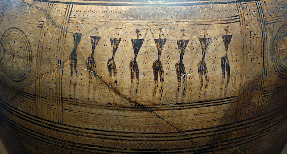 Frieze with standing figures (detail), Dipylon Amphora, c. 755-750 B.C.E., ceramic, 160 cm (National Archaeological Museum, Athens)
