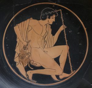 Attic Red-Figure Kylix; Archilles fights Memnon exterior; Half-kneeling Youth with Staff and Hare, c. 500 B.C.E. (Agora Museum, Athens)