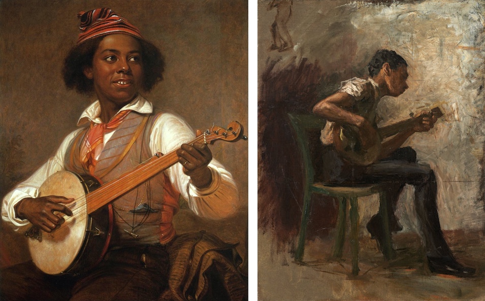Left: William Sidney Mount, The Banjo Player, 1856, oil on canvas, 36 x 29 inches (The Museums at Stoney Brook); right: Thomas Eakins, Study for "Negro Boy Dancing": The Banjo Player, probably 1877, oil on canvas on cardboard, 49.5 x 27.9 cm (The National Gallery of Art)