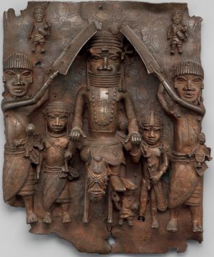 Plaque: Equestrian Oba and Attendants, 1550-1680, Nigeria, Court of Benin, Edo peoples, brass, 49.5 x 41.9 x 11.4 cm (The Metropolitan Museum of Art)