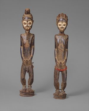 Pair of Diviner's Figures, Côte d'Ivoire, central Côte d'Ivoire, Baule peoples, wood, pigment, beads and iron, 55.4 x 10.2 x 10.5 cm (The Metropolitan Museum of Art)