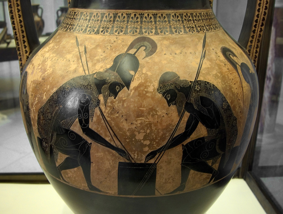 Exekias (potter and painter), Attic black figure amphora with Ajax and Achilles playing a game, c. 540-530 B.C.E., 61.1 cm high, found Vulci (Gregorian Etruscan Museum, Vatican City) 