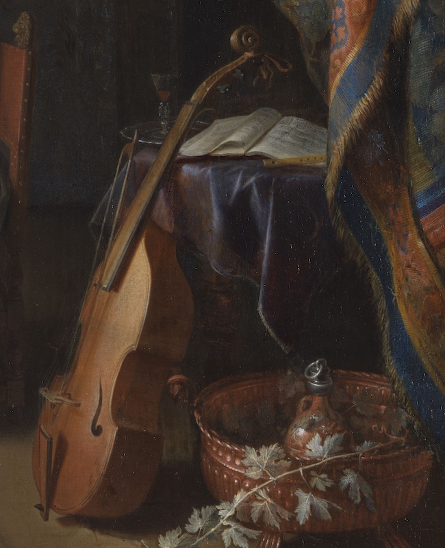 Viol da gamba (detail), Gerrit Dou, A Woman Playing a Clavichord, c. 1665, oil on panel, 37.7 x 29.9 cm (Dulwich Picture Gallery)