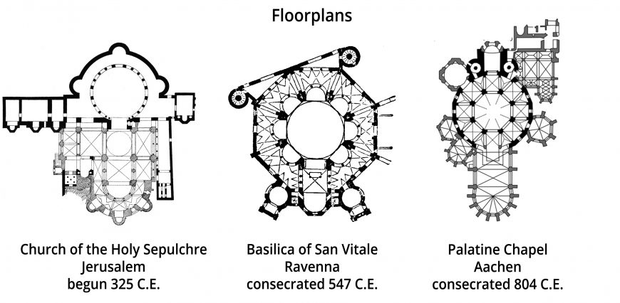 Floorplans of the Church of the Holy Sepulchre, Jerusalem; Basilica of San Vitale, Ravenna; and Palatine Chapel, Aachen