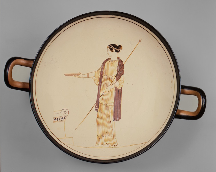Attributed to the Villa Giulia Painter. Terra-cotta Kylix (drinking cup), c. 470 B.C.E., terra-cotta, red figure, white ground, 6.2 x 16.2 cm (The Metropolitan Museum of Art)
