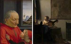 Right: Domenico Ghirlandaio, An Old Man and His Grandson, c. 1490, tempera on wood, 62 x 46 cm / 24.4 x 18.1 inches (Louvre Museum); Johannes Vermeer, Woman with a Lute, c. 1662-63, oil on canvas, 51.4 x 45.7 cm / 20 1/4 x 18 inches (The Metropolitan Museum of Art)