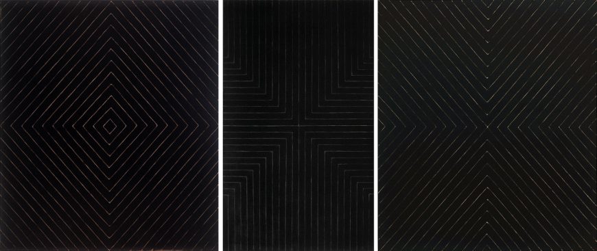 Selected Black Paintings (from left to right): Frank Stella, Jill, 1959, enamel on canvas, 229.6 x 200 cm (Albright Know Art Gallery); Frank Stella, Die Fahne Hoch!, 1959, enamel on canvas, 308.9 × 184.9 cm (Whitney Museum of American Art); Frank Stella, Zambezi, 1959, enamel on canvas, 230.51 x 200.03 cm (SFMOMA)