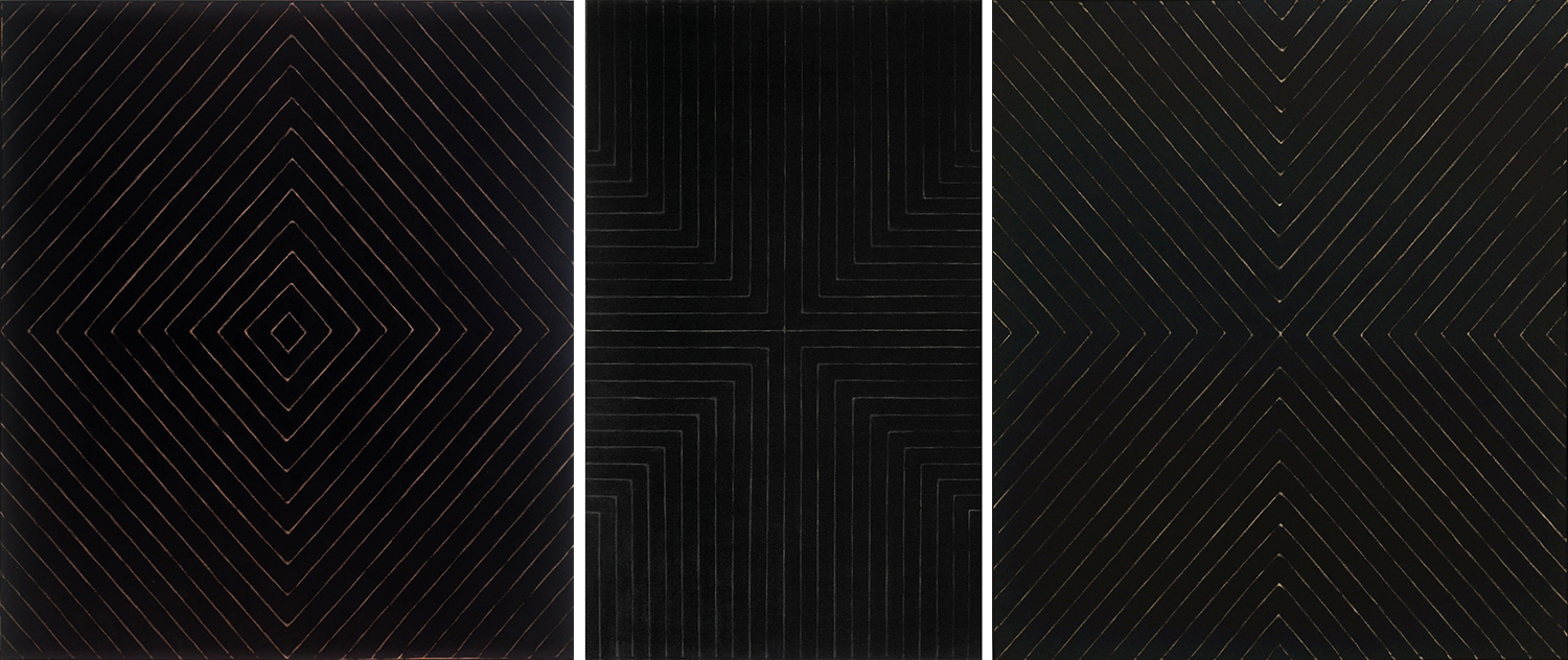 Selected Black Paintings (from left to right): Frank Stella, Jill, 1959, enamel on canvas, 229.6 x 200 cm (Albright Know Art Gallery); Frank Stella, Die Fahne Hoch!, 1959, enamel on canvas, 308.9 × 184.9 cm (Whitney Museum of American Art); Frank Stella, Zambezi, 1959, enamel on canvas, 230.51 x 200.03 cm (SFMOMA)